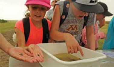 Kids with backpacks looking at snails