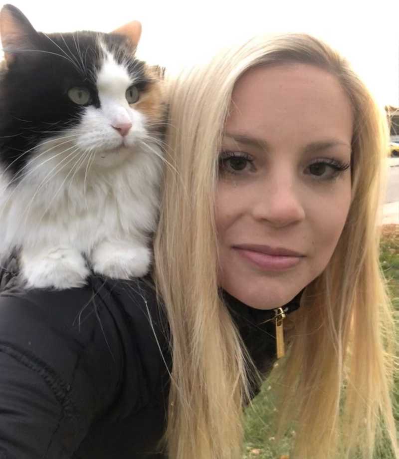 Callico cat named 'Annie', a rescue cat, on the shoulders of a woman Callico cat named 'Annie', a rescue cat, on the shoulders of a woman